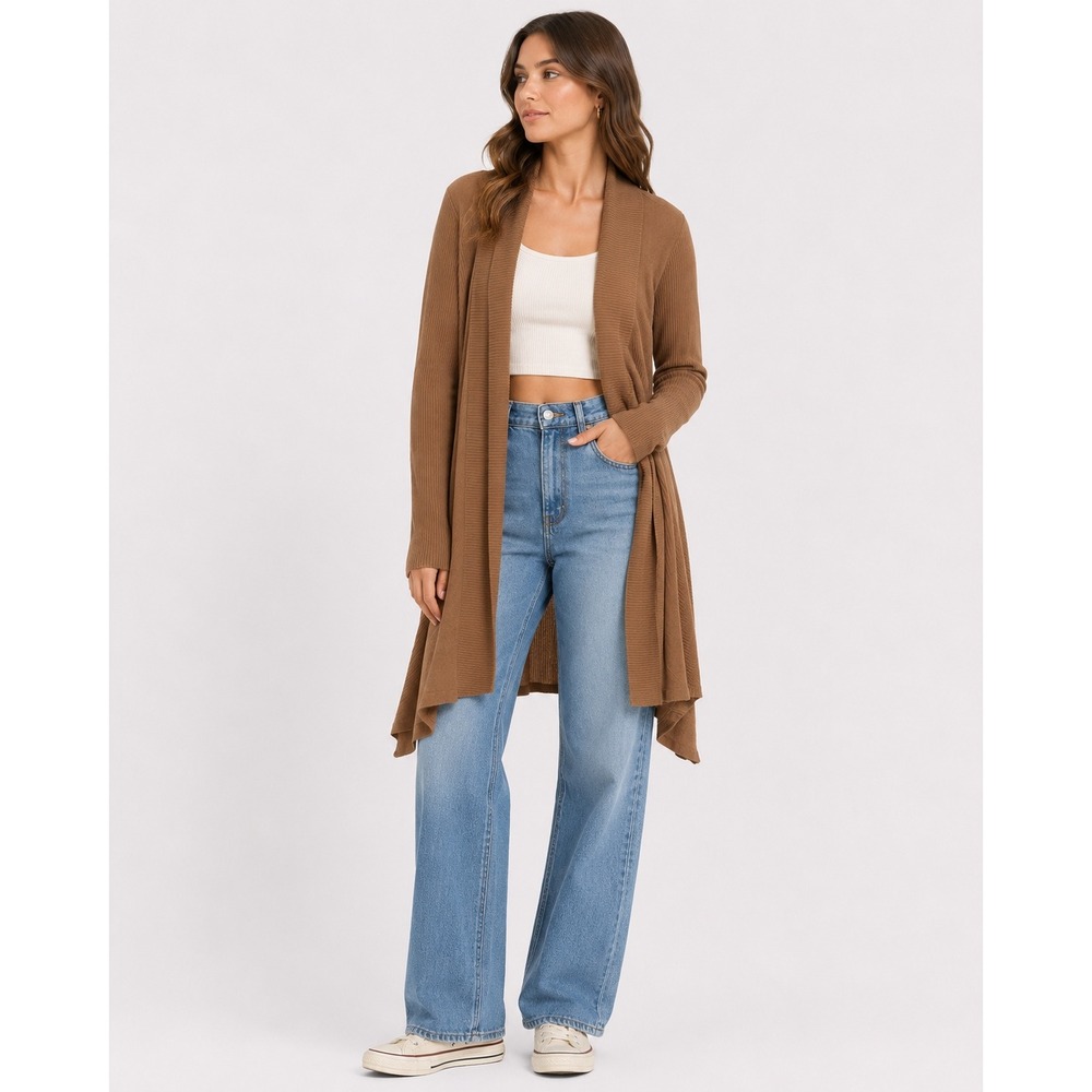 Michael Stars Cardigan Women L Brown Ribbed Knit Open Front Draped Lightweight‎